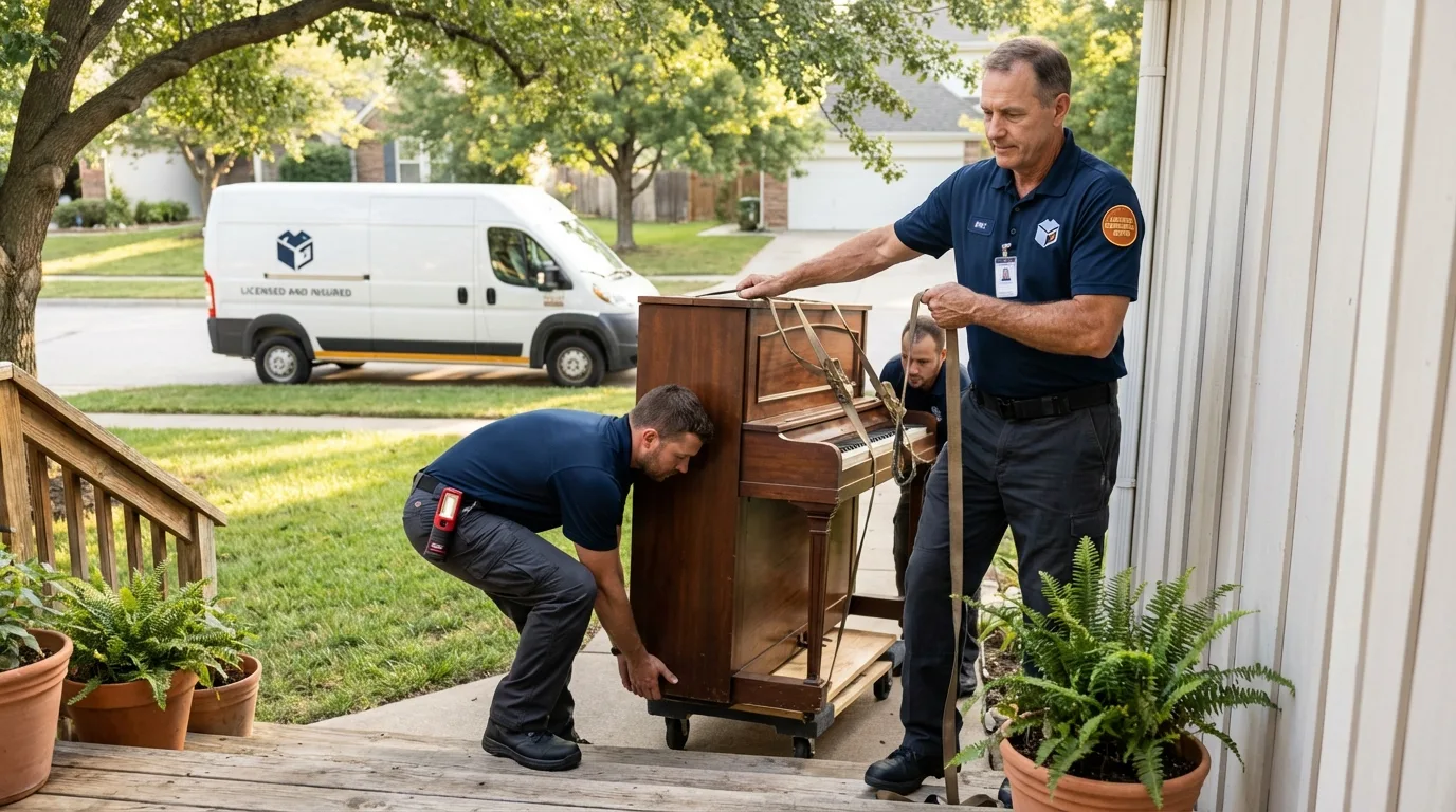 Licensed piano movers securing grand piano in Lewiston, MN