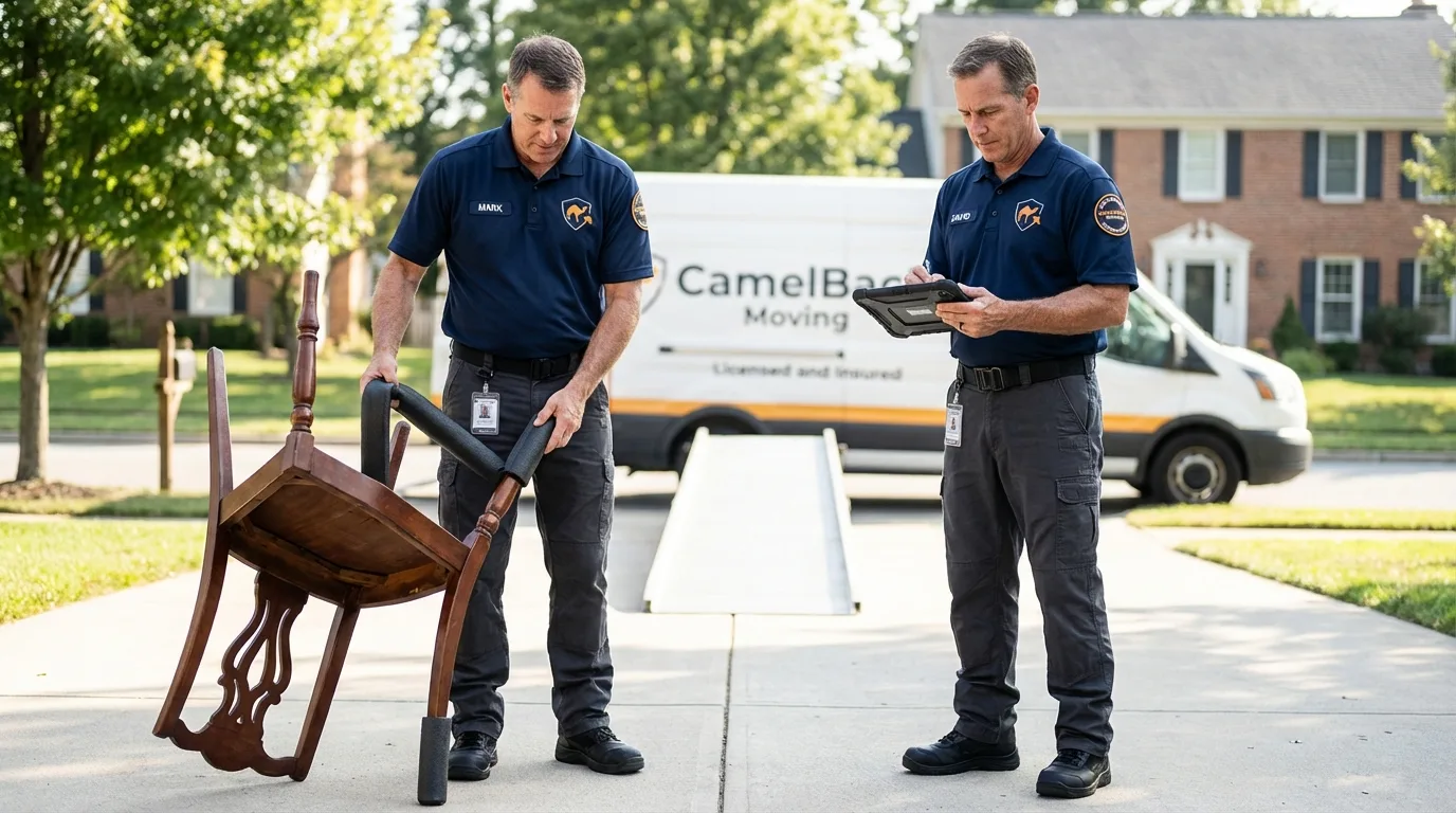 Movers inspecting furniture for damage prevention before loading in Lewiston, MN