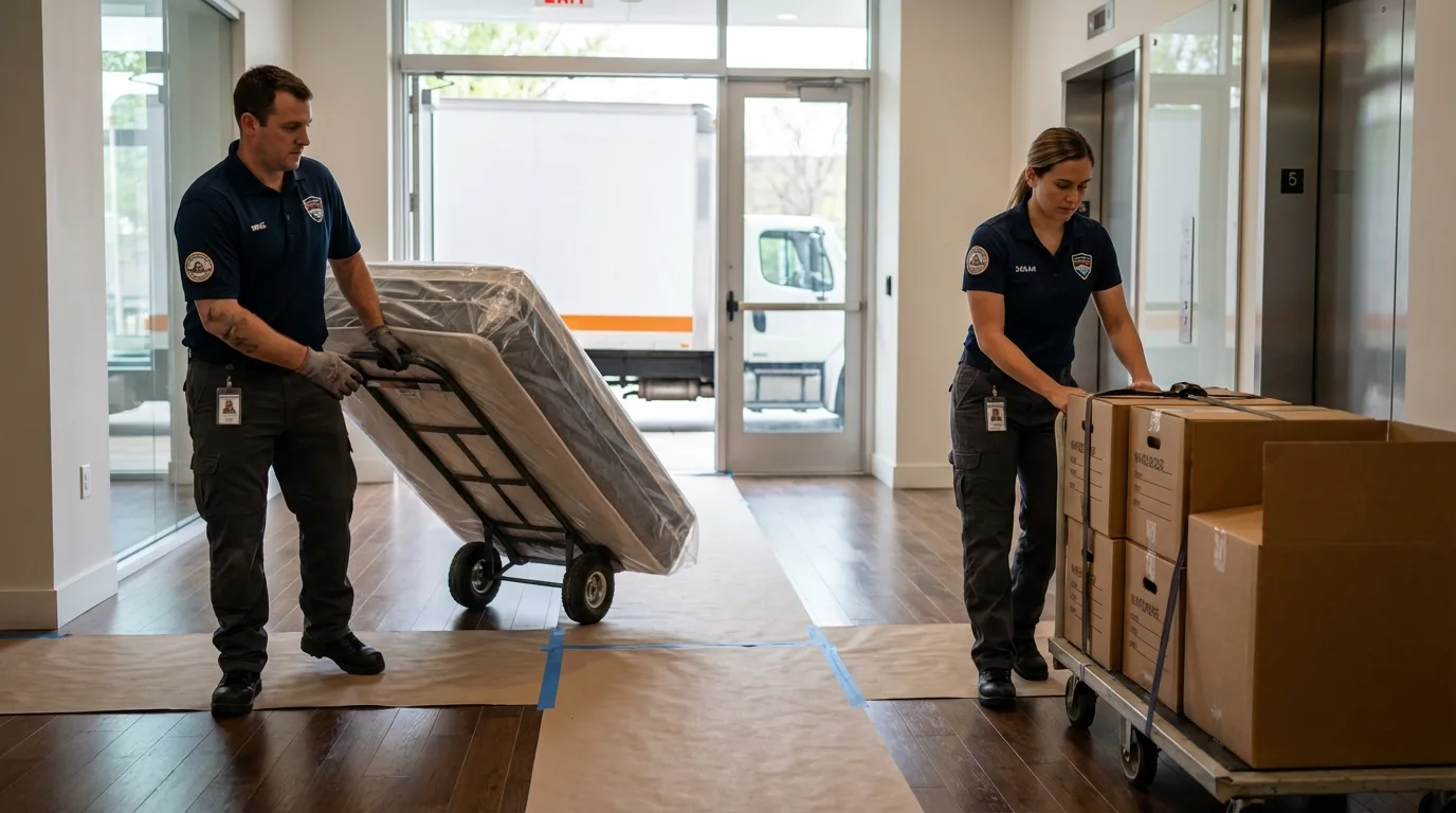Professional apartment movers loading elevator in Lewiston, MN